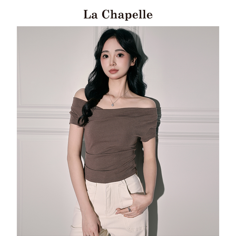 La Chapelle French-Style Off-Shoulder Short-Sleeve T-Shirt for Women, Spring/Summer 2026 New Model, Asymmetrical Neckline, Short, Trendy, One-Shoulder Top