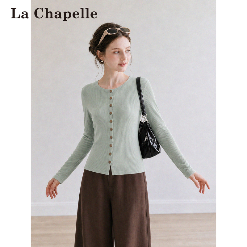 La Chapelle Sage Green Round Neck Single-Breasted Knitted Cardigan Autumn 2026 New Slim-Fit Base Sweater Top