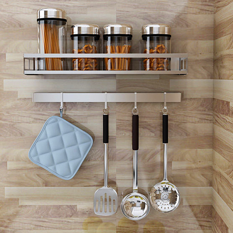 Kitchen bathroom multi-functional stainless steel seasoning rack wall-mounted punch-free oil, salt, sauce and vinegar storage rack