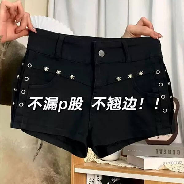 Plus-Size Black Denim American-Style Ultra-Short Jeans for Women, Summer Thin High-Waisted Tight-Fitting Hip-Hugging Hot Pants