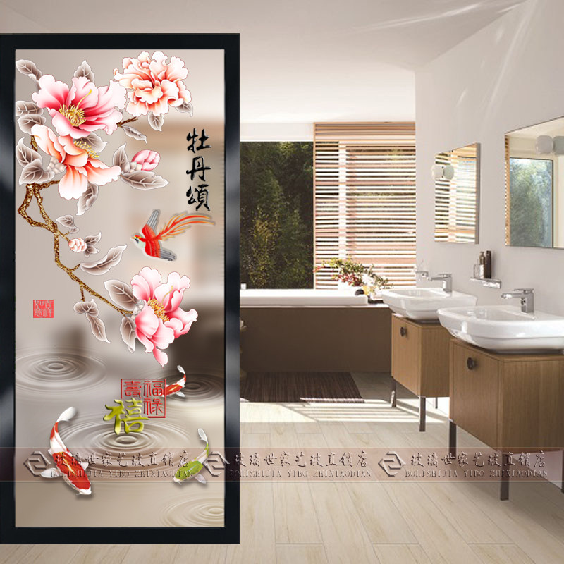 New Chinese Minimalist Art Glass Genguan Partition Screen Steel Engraving Set Making Living Room Shoe Cabinet Frosted Peony-Taobao
