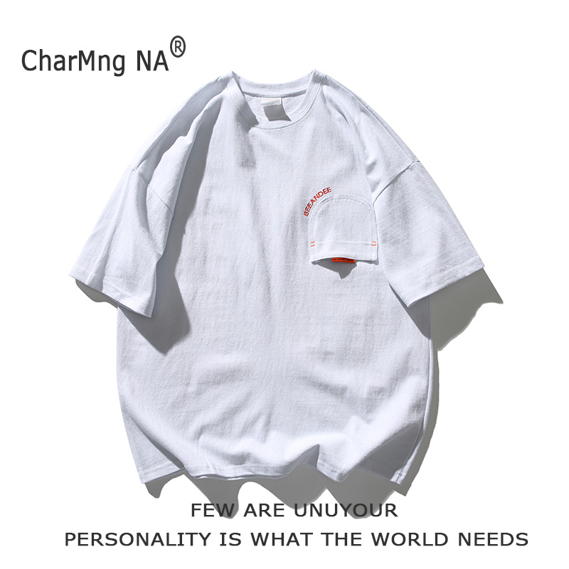 CharMng NA American fashion brand personality inverted pocket base solid color T-shirt men's and women's ins trend short sleeve crew neck