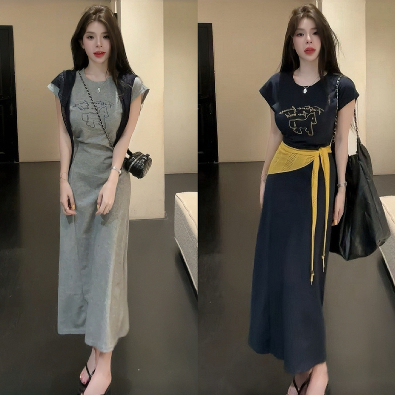 Korean Style Lazy Casual Letter Print Short-Sleeve Dress for Women, Summer High-End Waist-Cinching Slimming Shawl T-Shirt Long Dress