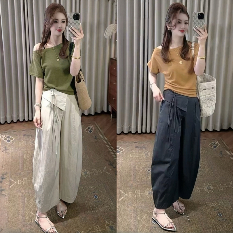 Korean Style Summer Outfit Set for Petite Women, Fashionable Off-Shoulder Short-Sleeve T-Shirt and Wide-Leg Pants Two-Piece Set