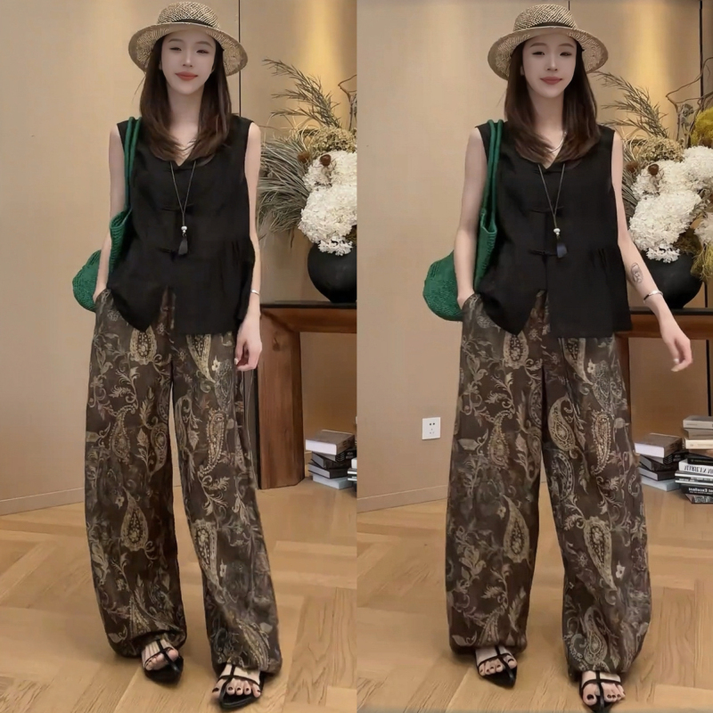 Summer Ootd Outfit Set, Korean Fashion, Age-Reducing, Dark Pattern, Button-Up Sleeveless Top, Printed Wide-Leg Pants Two-Piece Set Summer Ootd Outfit Set, Korean Fashion, Age-Reducing, Dark Pattern, Button-Up Sleeveless Top, Printed Wide-Leg Pants Two-Piece Set