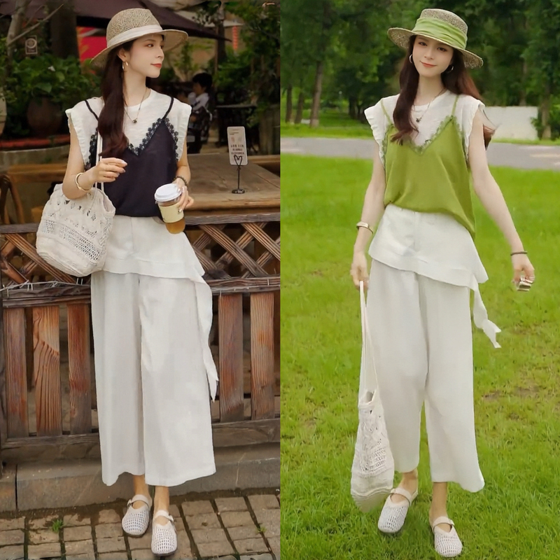 Very Stylish Summer Outfit, a Complete Set of Korean Fashion, Age-Reducing, Two-Piece Knit T-Shirt and Wide-Leg Pants Set