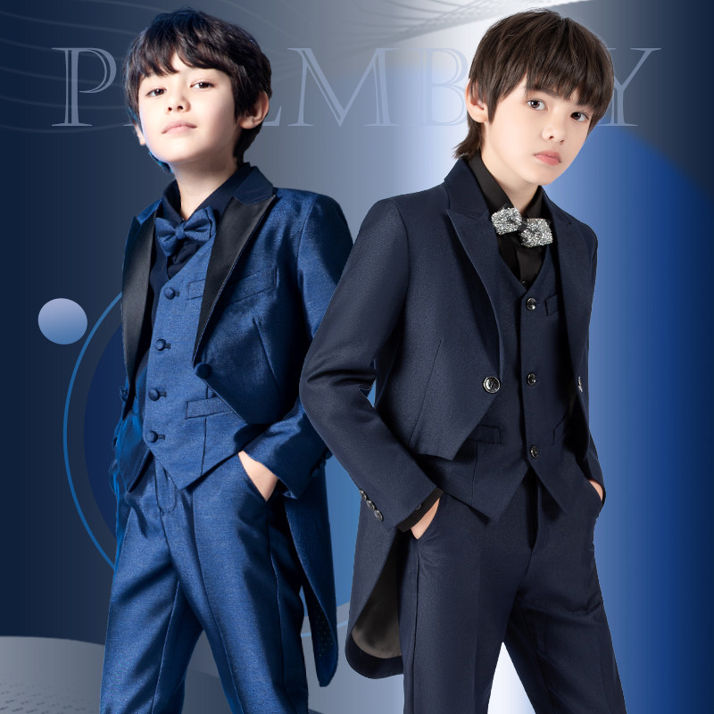 Boys dress flower children's clothing children's T-stage catwalk blue tuxedo suit baby performance performance dress three-piece suit