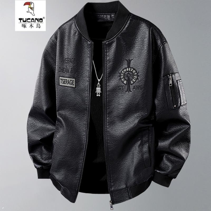 Woodpecker Flight Leather Jacket Men's 2025 New Spring and Autumn Motorcycle Washed Vintage Embroidered Faux Leather Jacket