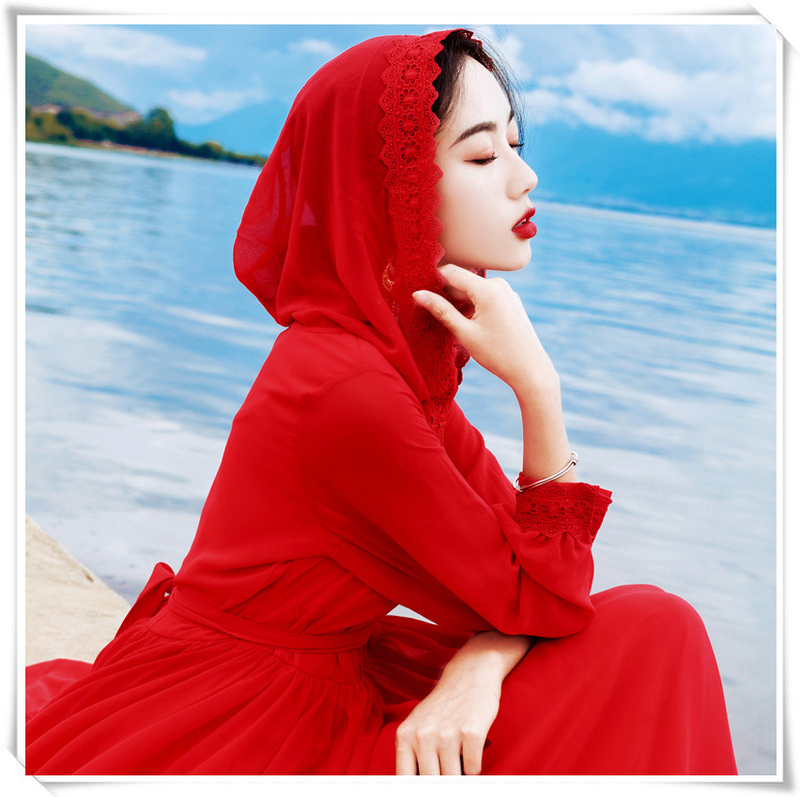 Xinjiang and Tibet Travel Outfit: Bright Red Chiffon Dress, Yunnan Qinghai Lake Vacation Long Dress, Fairy-Like Desert Photoshoot