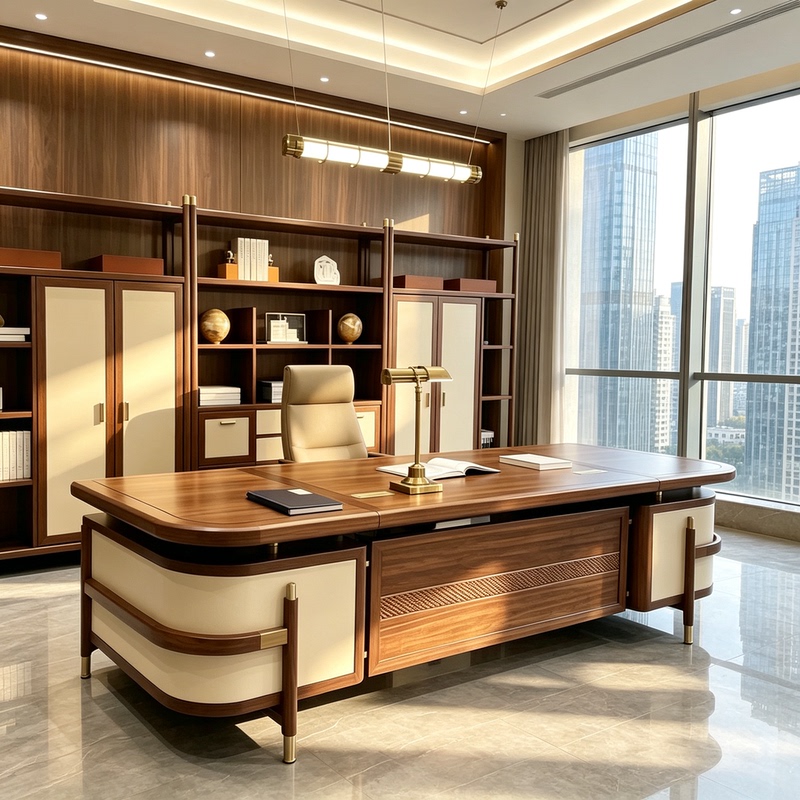 New Chinese-Style Veneer Soft-Panel Splicing Executive Desk with Brass Legs and Grille Finish, High-End Office Boss Desk New Chinese-Style Veneer Soft-Panel Splicing Executive Desk with Brass Legs and Grille Finish, High-End Office Boss Desk