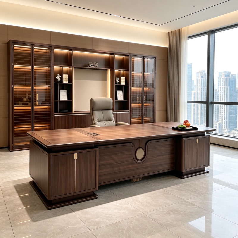 New Chinese-Style North American Black Walnut Executive Desk with Metal Accents for High-Rise Office Buildings, Commercial Executive Office Desk New Chinese-Style North American Black Walnut Executive Desk with Metal Accents for High-Rise Office Buildings, Commercial Executive Office Desk
