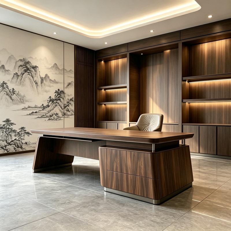 North American Black Walnut High-End Executive Desk with Stable Large-Capacity Storage, Simple and Elegant Design for Commercial Use, Executive Office Desk