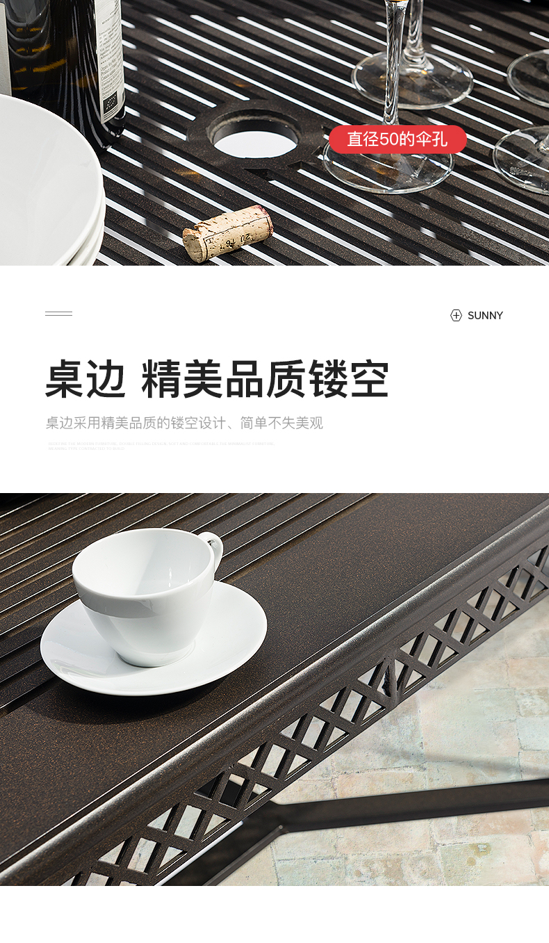 Nắng ngoài trời đúc nhôm bàn dài và ghế sân vườn sân thượng giải trí bàn lớn Đồ nội thất bằng sắt rèn Mỹ năm hoặc bảy bộ ghế sân thượng
