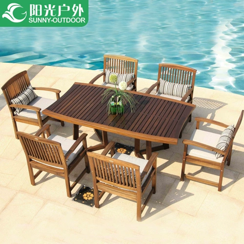 Солнечная открытая мебель для сада сад, стул, столы с твердым деревом и стул шесть стул Восемь стул Комбинированные столы