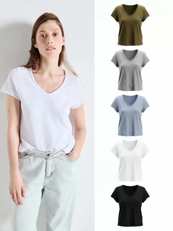 26 New Colors American Vintage Amv Women's Retro Brushed V-Neck Short-Sleeve T-Shirt, Same Style as Zhu Zhu