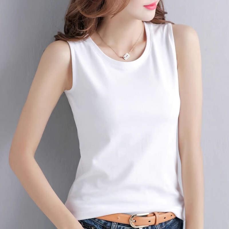 White Pure Cotton Camisole for Women, Elastic Slim-Fit Tank Top, Round Neck Sleeveless T-Shirt, Base Layer for Suits