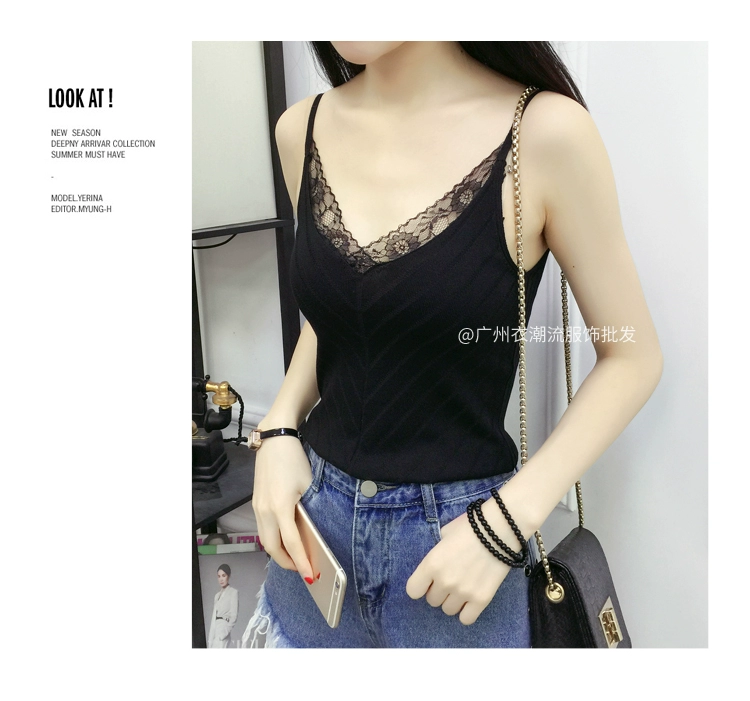 Mùa hè 2019 mới V-cổ ren ren đan áo vest ngắn đoạn lệch vai Slim mặc áo sơ mi nữ tay áo thủy triều
