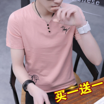 Summer mens short-sleeved T-shirt V-collar shirt trend half-sleeve slim body fit summer clothes Tide brand clothes summer