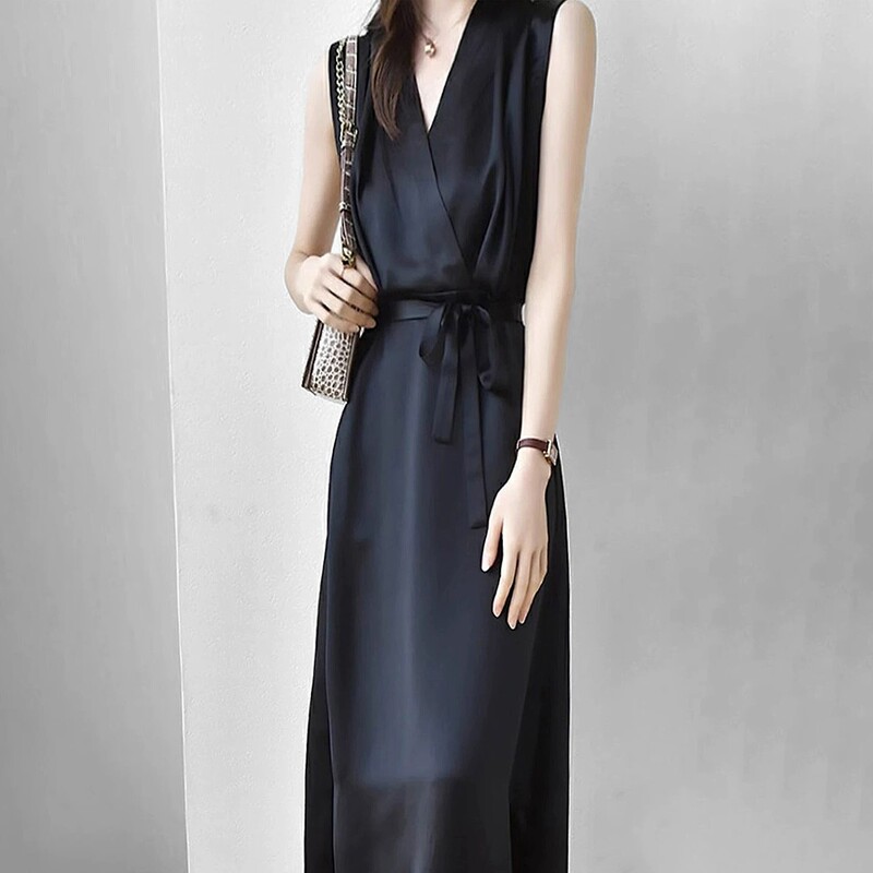 French Rouje Moaks Silk Mulberry Silk Summer New Dress Hepburn Style Sleeveless V-Neck Dress A-Line Skirt