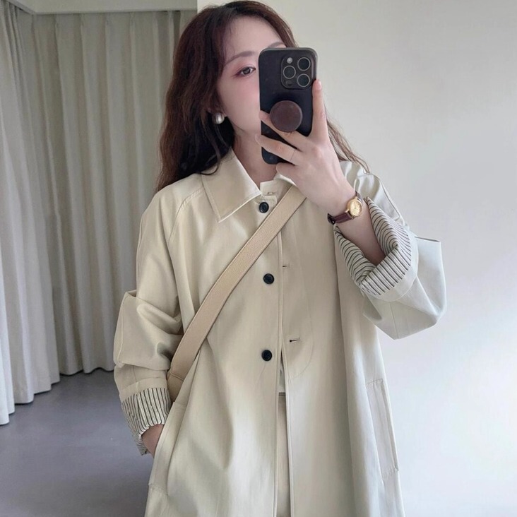 French Rouje Moaks High-End Trench Coat for Women, New Thin Mid-Length Design for Spring and Autumn, Trendy Style
