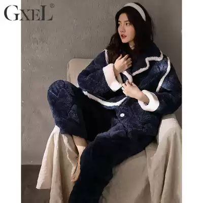 Coral velvet pajamas women can wear three layers of cotton in winter thickened plus velvet warm home clothing set Ladies