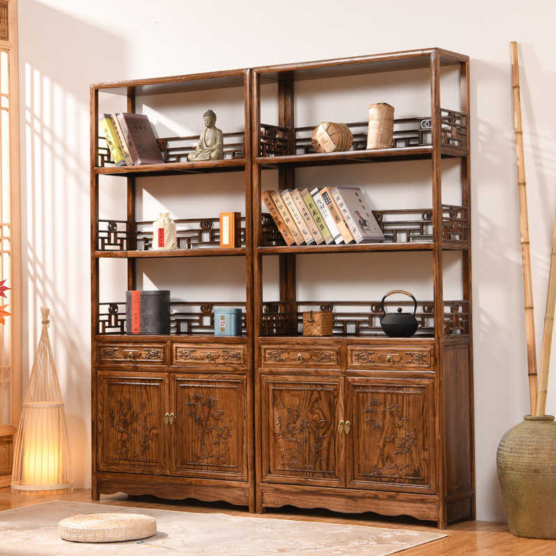 New Chinese Imitation Antique Solid Wood Tea Bookshelves Furnishing Elm Wood Landing Simple Objects With Tucked Bookcase Display Bogu Racks