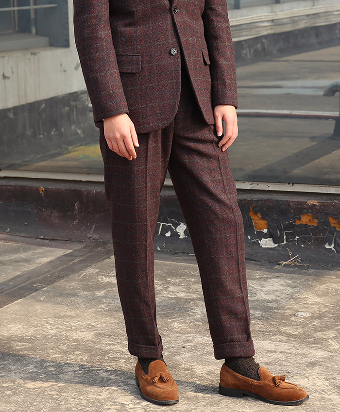 Autumn-winter new European and American men's body-style small-footed plaid Western pants Inron retro single pleats 90% Western pants