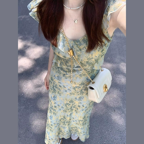 Зеленый летний гаечный ключ, длинная юбка, французский стиль, цветочный принт, в цветочек, подходит для подростков