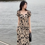 Летнее черное платье, длинная юбка, коллекция 2023, премиум класс, французский стиль, в цветочек