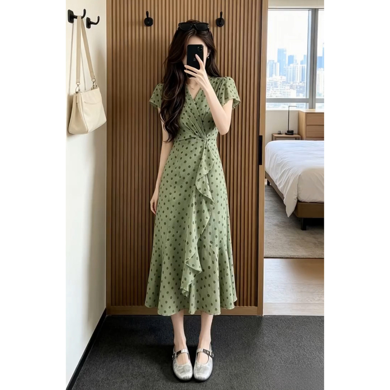 Tea Break French-Style Green Polka Dot Dress for Women, Summer 2026 New Holiday Style, Waist-Cinching, Slimming Fishtail Long Dress Tea Break French-Style Green Polka Dot Dress for Women, Summer 2026 New Holiday Style, Waist-Cinching, Slimming Fishtail Long Dress