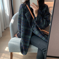 Plaid wool coat women's long autumn and winter 2020 new Korean version of loose thick small woolen coat