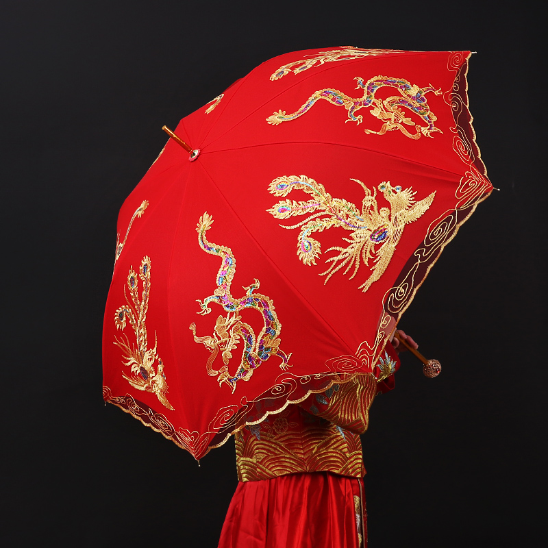Marriage long handle umbrella married bride red umbrella bride red umbrella creative wedding couple folding lace retro wedding umbrella sunscreen umbrella