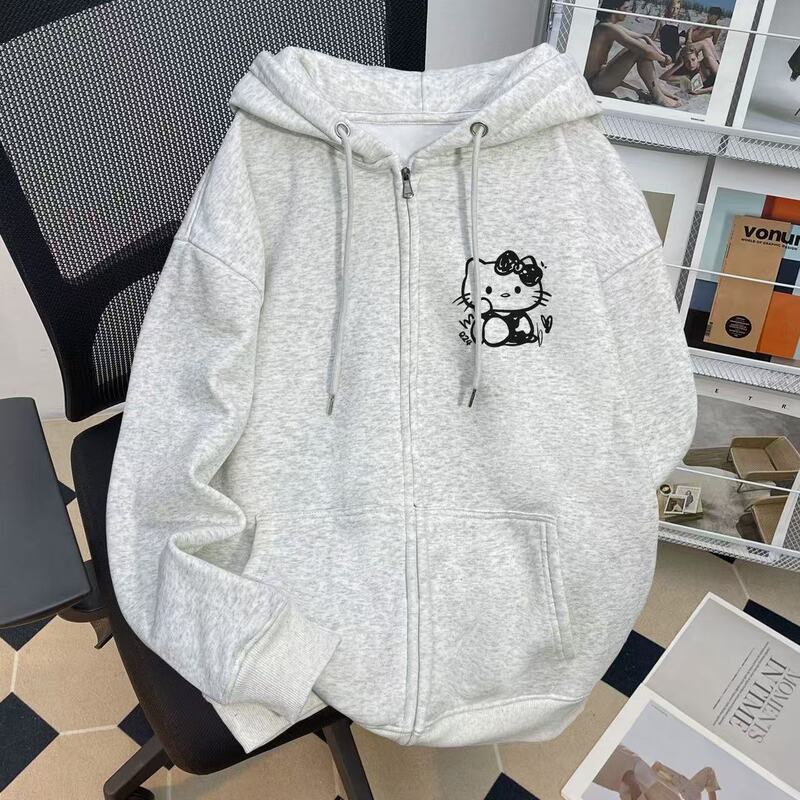 Milk-Colored Children's Hooded Sweatshirt Kitty Cat Zipper Jacket for Older Children, Loose Cardigan for Students, Stylish Outerwear Milk-Colored Children's Hooded Sweatshirt Kitty Cat Zipper Jacket for Older Children, Loose Cardigan for Students, Stylish Outerwear