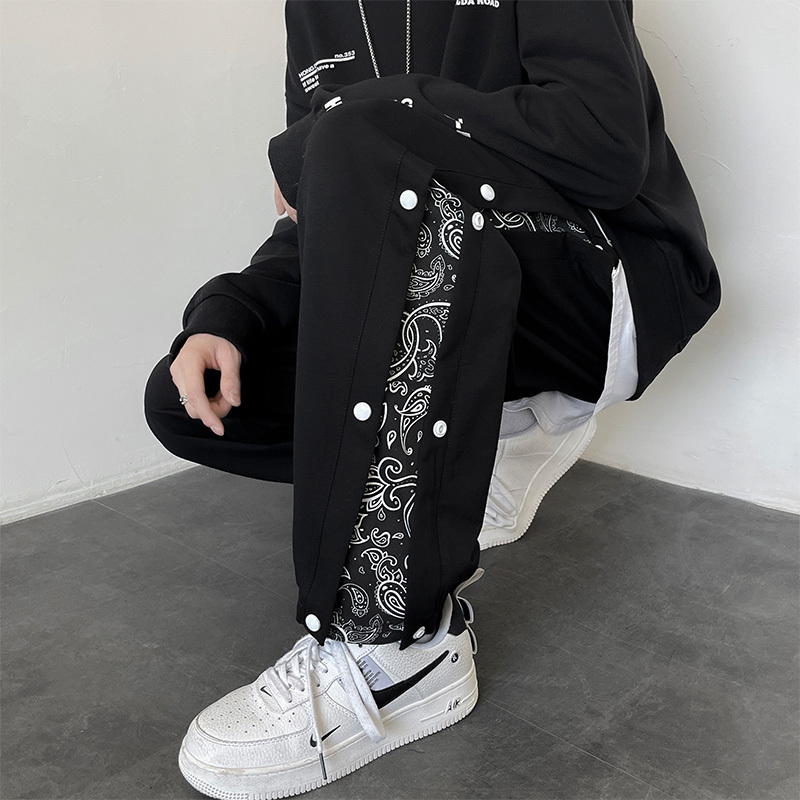 Men's New Spring/Summer Paisley Pattern Nine-Point Button-Up Pants, American-Style Basketball Sports Casual Pants, Jogger Sweatpants