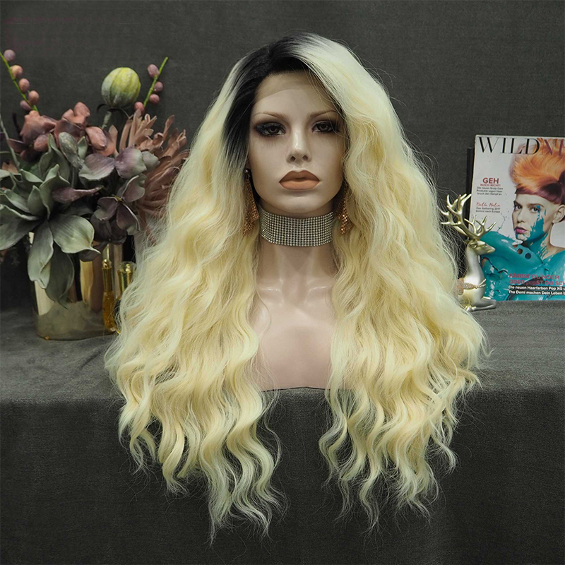 Doll-Style Makeup and Hair with Black Roots and Gradient Golden Color, Hand-Crafted Realistic Front Lace, Large Waves, European and American Style Wig Set Lacewigs