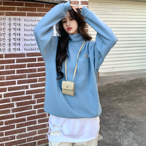 Real shot college style Plush thickened multicolor high collar sweater autumn winter loose Korean solid color top