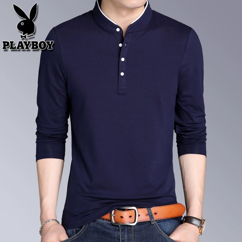 Playboy xuân nam áo thun dài tay trẻ trung và cổ áo đứng cổ áo giản dị top mỏng phần từ bi áo sơ mi cotton tinh khiết - Áo phông dài