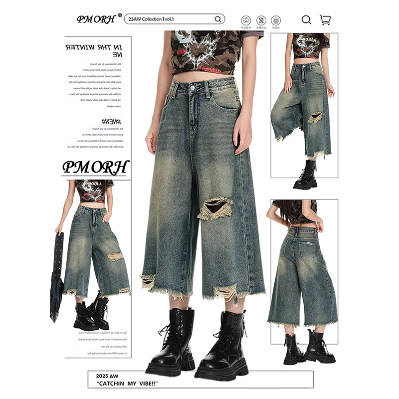 Pmorh American-Style Frayed Ripped Design Straight-Leg Jeans for Women, New Summer Vintage-Style Distressed Cropped Pants