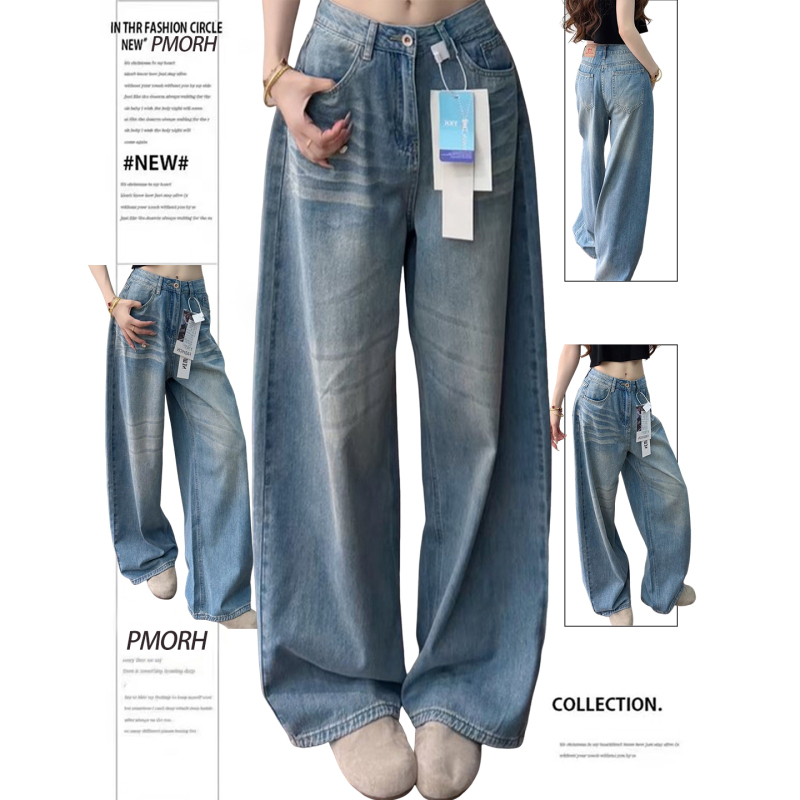 Pmorh2026 New Style Hot Girl American-Style Summer Angel Blue Wide-Leg Slimming Washed Thin Curve Jeans for Women