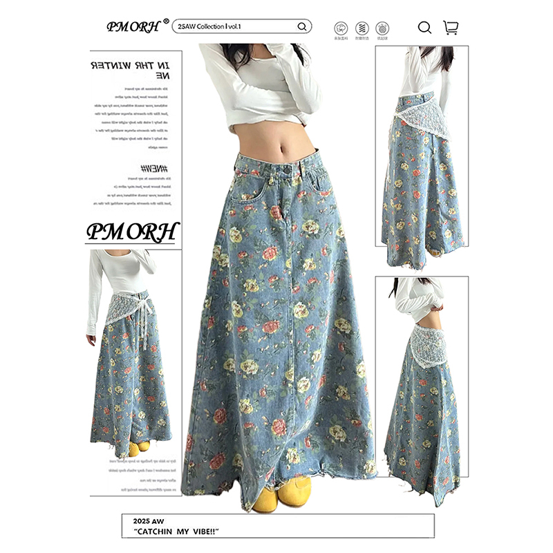 Pmorh Korean Style Simple Floral Design Denim Skirt for Women, New Summer Style, Relaxed and Slimming Long Skirt Pmorh Korean Style Simple Floral Design Denim Skirt for Women, New Summer Style, Relaxed and Slimming Long Skirt