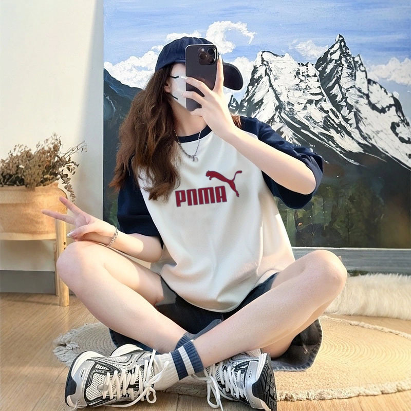 Outlet Pure Cotton Short-Sleeve Raglan T-Shirt for Women, Summer Loose Fit, Slimming Japanese Style, Color-Blocking Half-Sleeve Ins Top