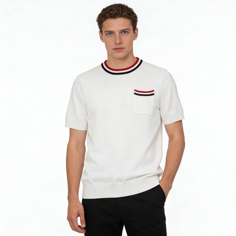 Tb Short-Sleeved Round-Neck Knitwear, Breathable and Loose-Fitting, Red and Black Contrasting Color Men's Half-Sleeved Top, Tom&Iiii Brown