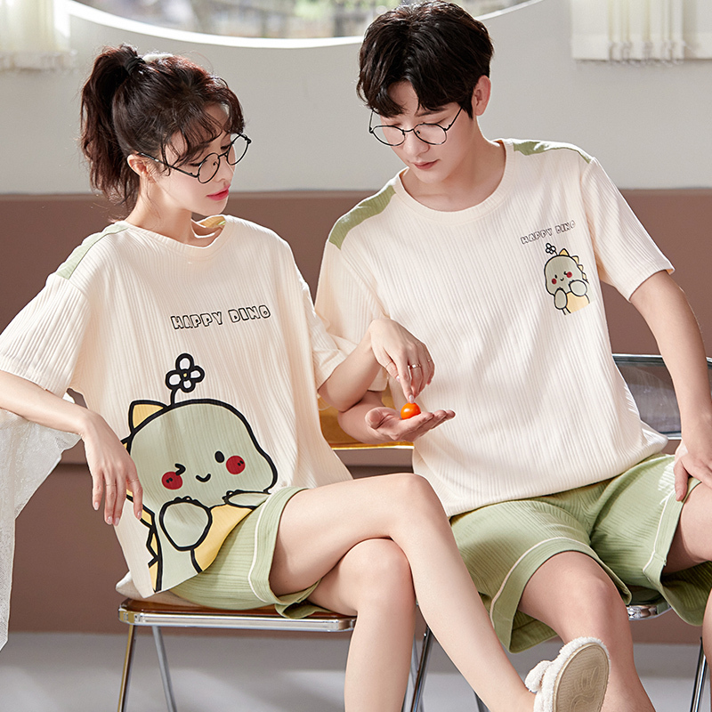 Couple's Pajamas, Summer Thin and Cool, Pure Cotton, Little Dinosaur Short-Sleeved Set, One for Men and One for Women, Can Be Worn Outside as Home Clothes Couple's Pajamas, Summer Thin and Cool, Pure Cotton, Little Dinosaur Short-Sleeved Set, One for Men and One for Women, Can Be Worn Outside as Home Clothes