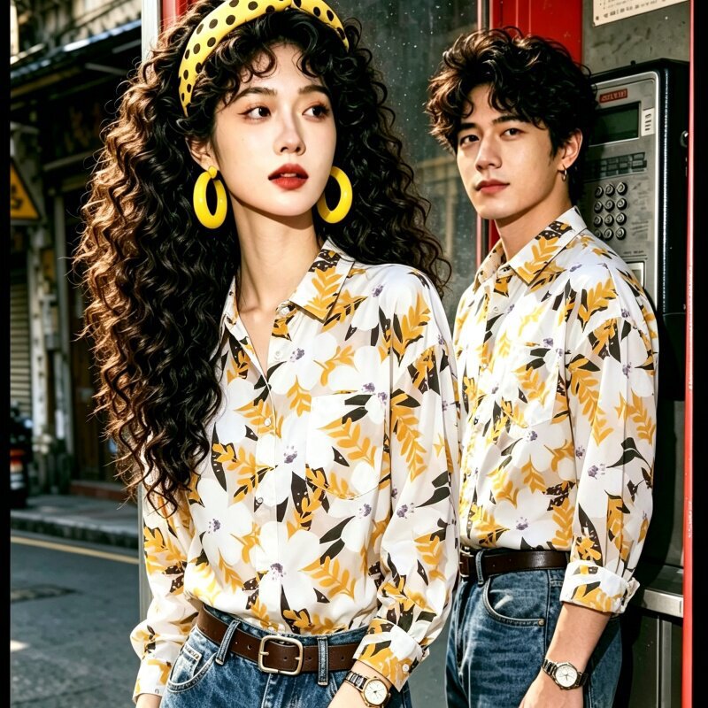Hong Kong Drama Party Old Photos and Photoshoots from the 90S, Retro Hong Kong Style Floral Shirts, Long-Sleeved Performance Outfits for Men and Women Couples