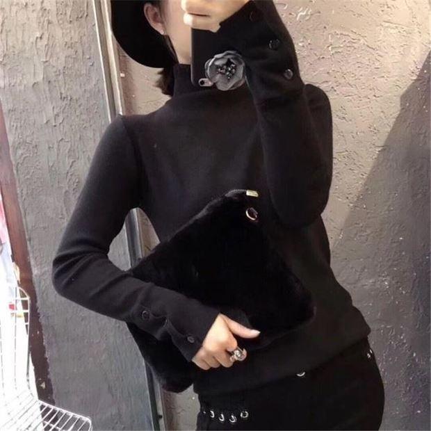 Phiên bản châu Âu 2018 phiên bản Hàn Quốc mới của set đồ len nữ hoang dã Slim mỏng đầu thu cổ cao áo len gile