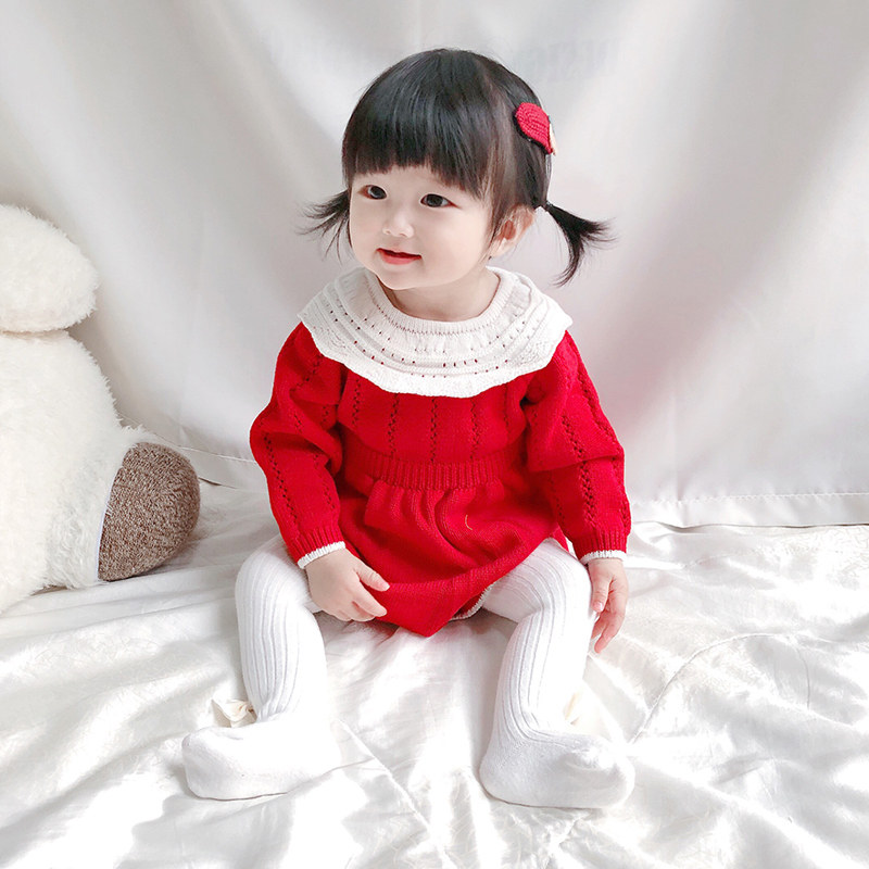 South Korean children's children's baby girl Spring and autumn red long sleeves full moon Triangle Harvest New Year Neckline Knitted Sweater