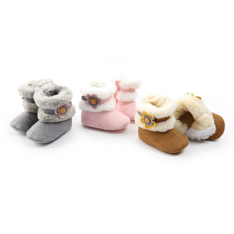 Autumn and winter baby shoes 0-1 years old 6-12 months female 3 female baby soft bottom does not fall off plus velvet warm high tube cotton shoes