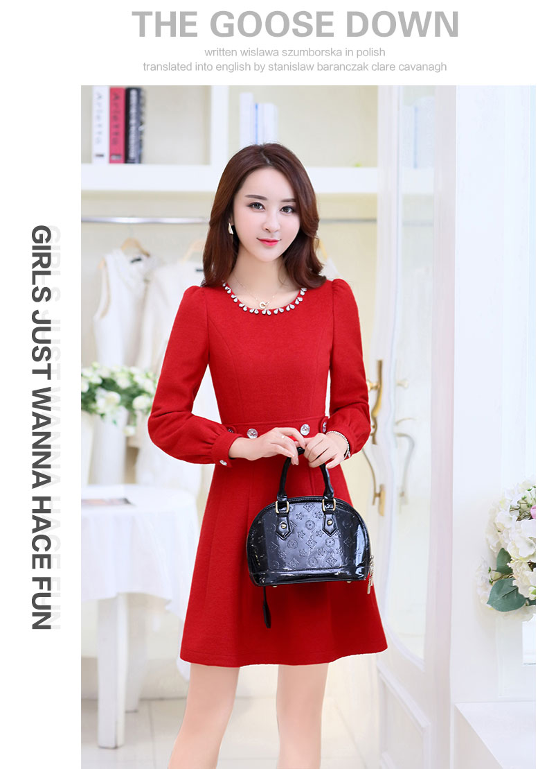 Mát mẻ jia mới mùa thu Hàn Quốc phiên bản của mùa thu và mùa đông thời trang Slim màu rắn dài tay phần dài ăn mặc 1696 váy suông