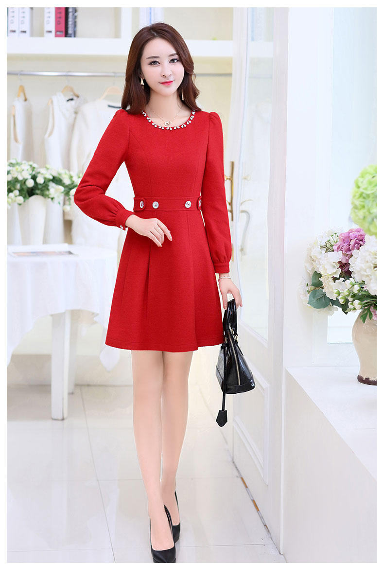 Mát mẻ jia mới mùa thu Hàn Quốc phiên bản của mùa thu và mùa đông thời trang Slim màu rắn dài tay phần dài ăn mặc 1696 váy suông