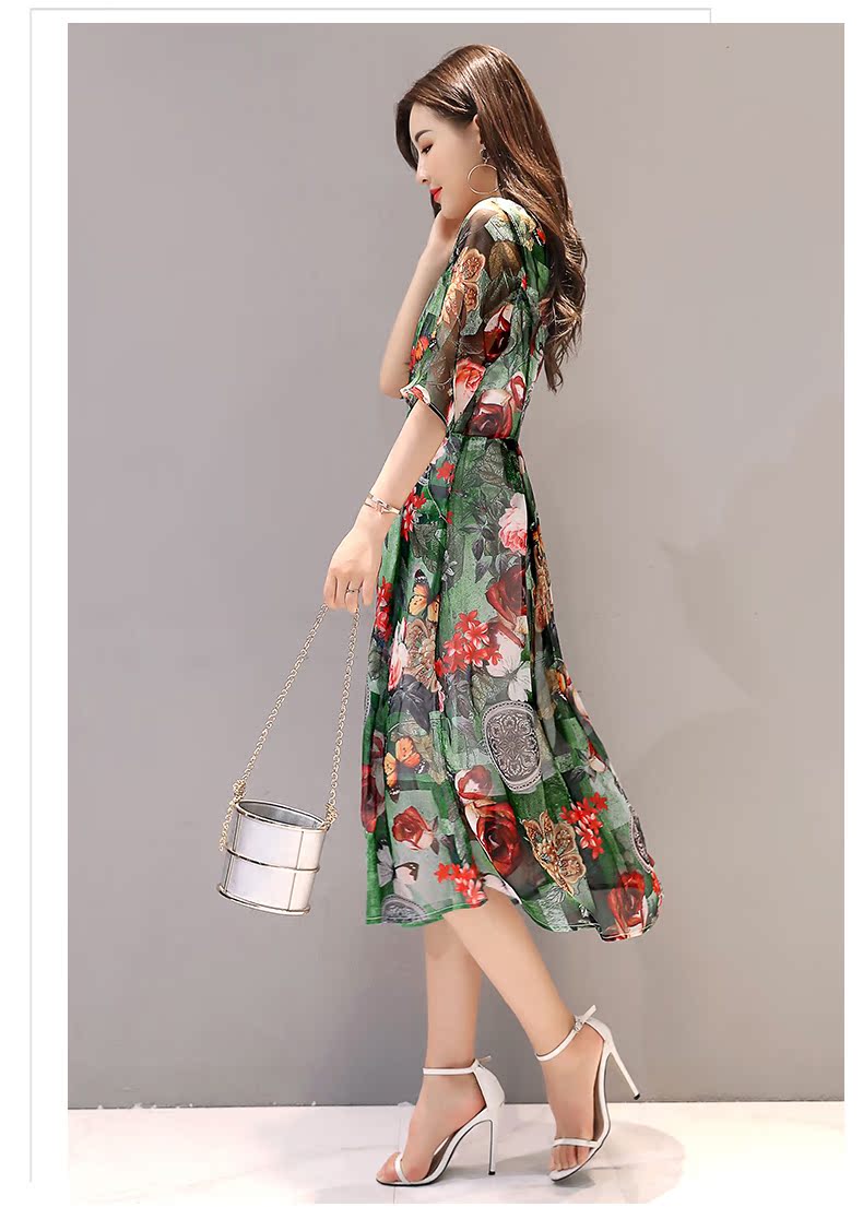 Mát mẻ jia mới Hàn Quốc thời trang vòng cổ mùa hè mỏng in xu hướng thanh lịch đầm 643 đầm dành cho người mập
